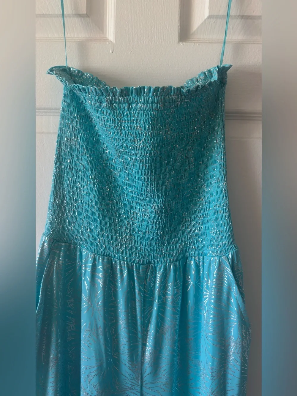 Michael Kors Turquoise Strapless Jumpsuit with Silver Foil Print